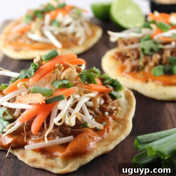 Final plated Thai Peanut Sauce Roti Bread Pizza, garnished and ready to be enjoyed.