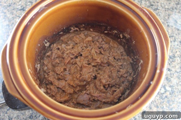 Shredded pork fully mixed with the creamy Thai Peanut Sauce in a crock pot.