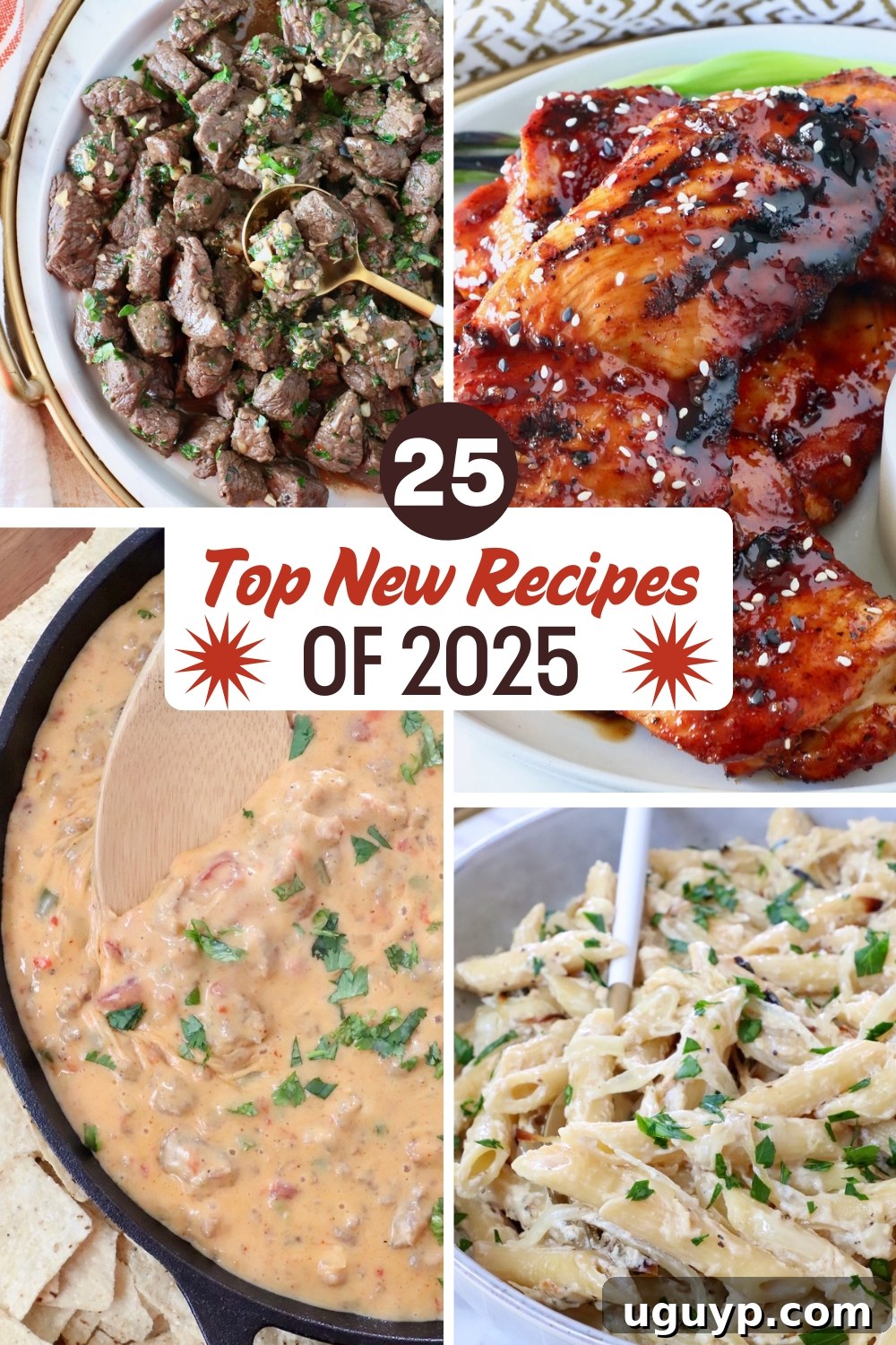 A collage shows four dishes: seasoned steak bites, glazed chicken, creamy cheese dip in a skillet, and creamy pasta. Text reads "25 Top New Recipes of 2025."