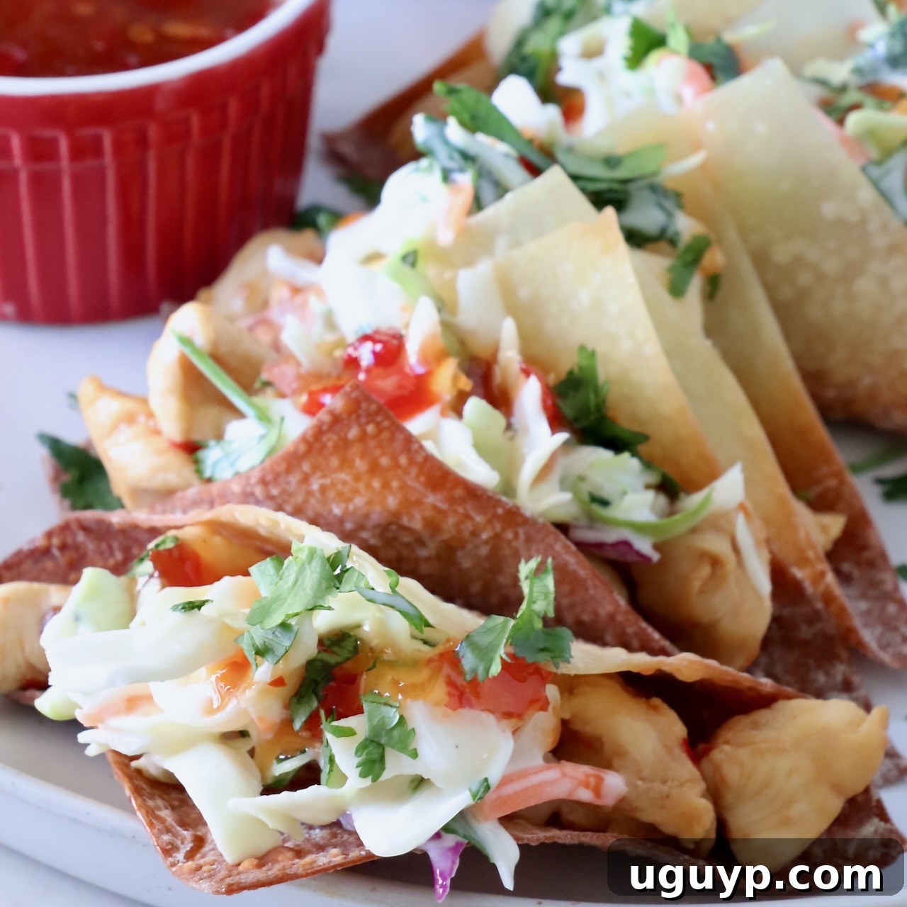 wonton taco shells filled with cooked chicken and coleslaw on a plate