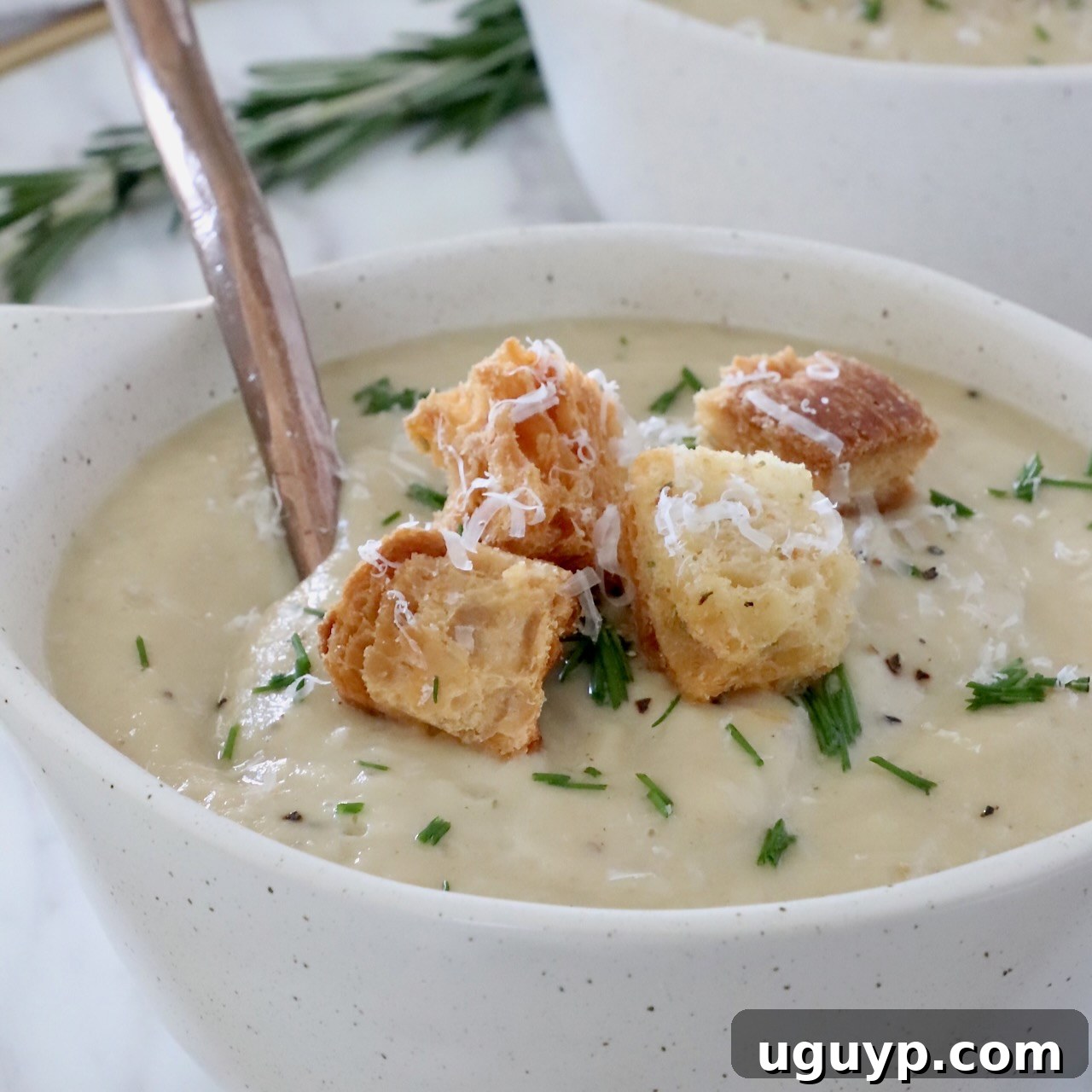parsnip soup in bowl topped with croutons