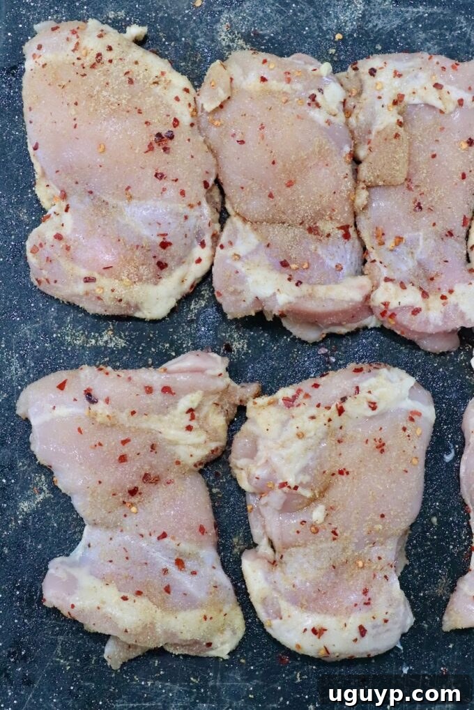 Raw, skinless chicken thighs generously seasoned with an array of vibrant spices, including visible red pepper flakes, are artfully arranged on a dark, textured surface, ready for grilling.