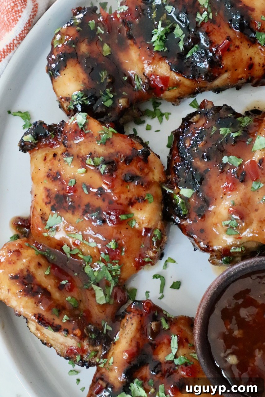 Perfectly grilled and glazed Thai chicken thighs are elegantly arranged on a pristine white plate, generously topped with vibrant fresh herbs. A small, inviting bowl of complementary dipping sauce is artfully positioned beside the chicken.