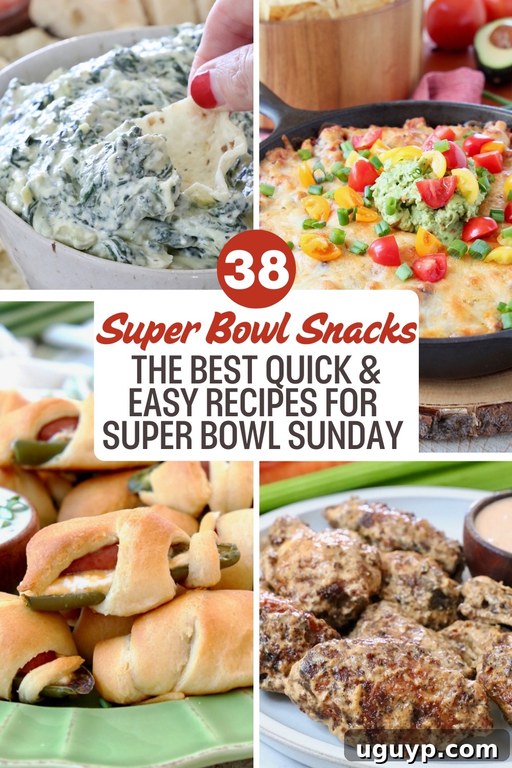 A vibrant collage showcasing the best Super Bowl snacks, including rich and creamy spinach dip, colorful fully loaded nachos, savory stuffed crescent rolls, and perfectly seasoned chicken wings served with a variety of dipping sauces. The prominent text emphasizes '38 Super Bowl Snacks'.