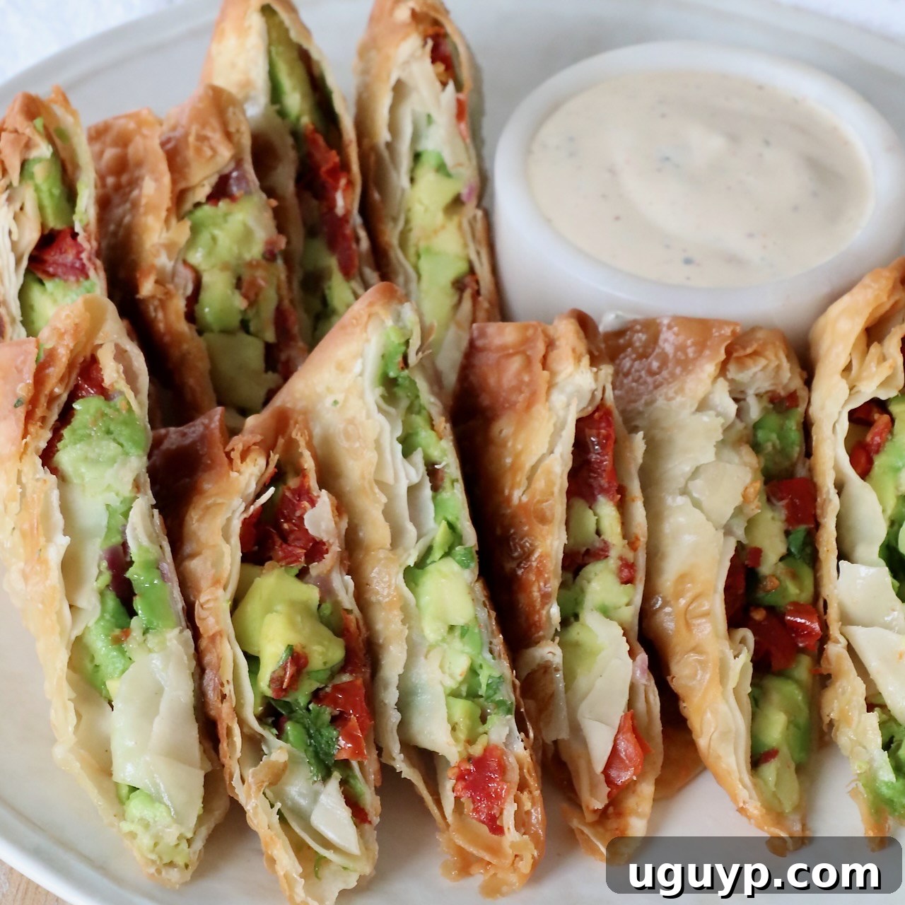 avocado egg rolls sliced in half on plate