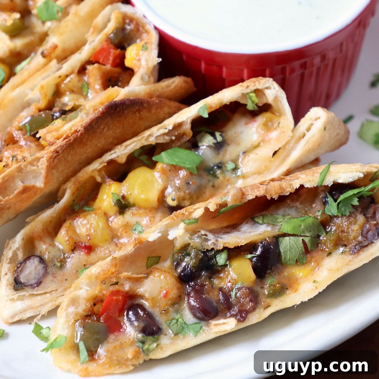 southwest egg rolls sliced in half on plate