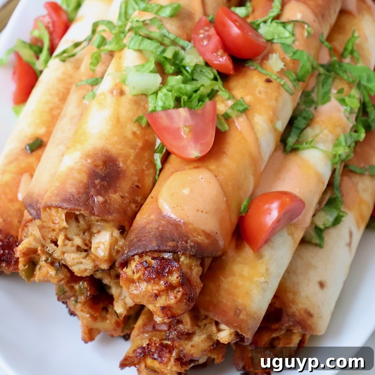 buffalo chicken taquitos stacked up on a plate topped with shredded lettuce and diced tomatoes