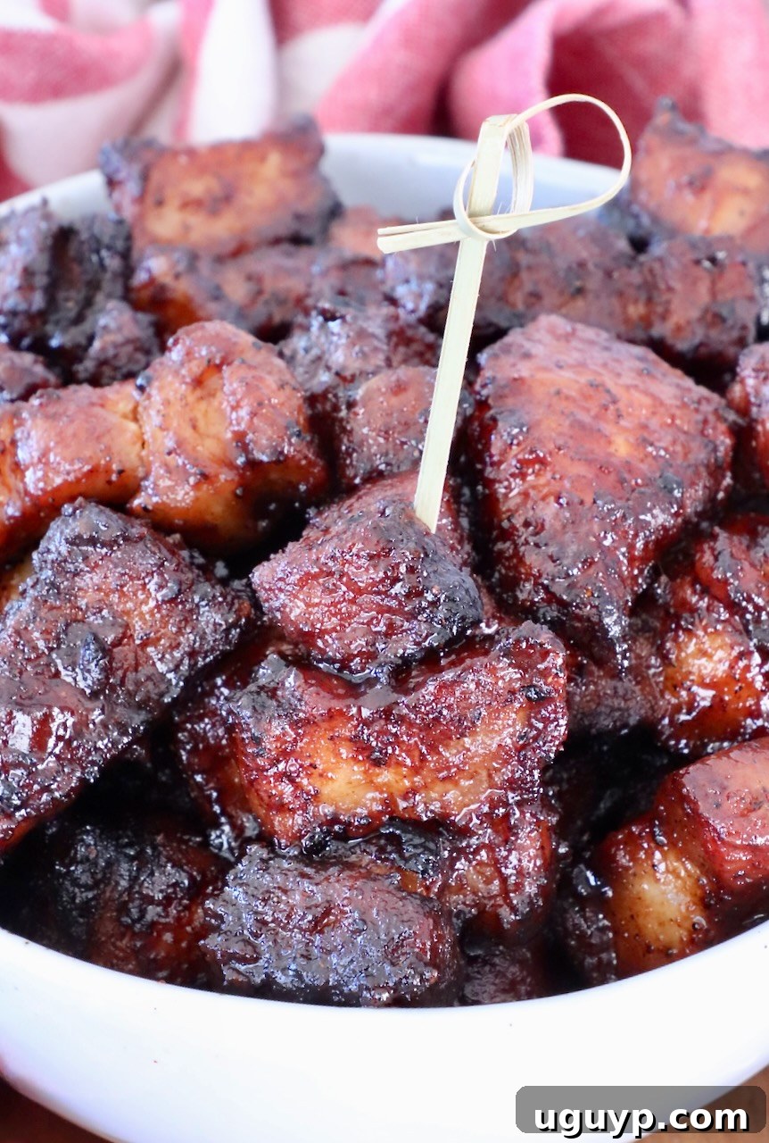Close-up of glazed, caramelized pork belly burnt ends in a white bowl with a skewer. The meat looks juicy and tender, showcasing its crispy skin and sweet glaze.