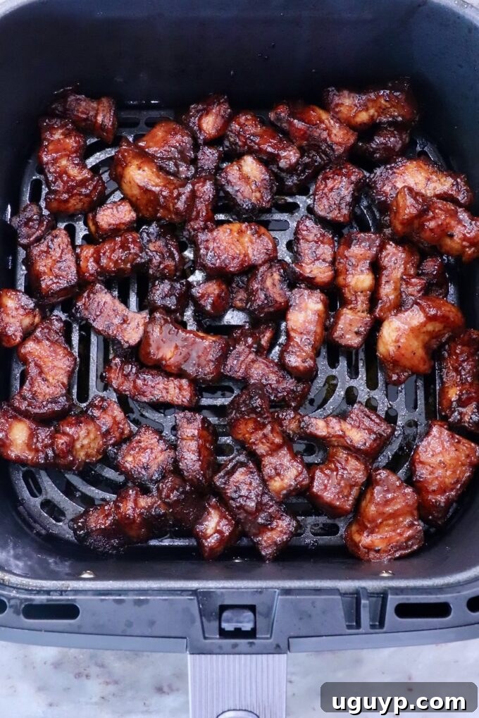 A close-up view of golden-brown, crispy pork belly pieces nestled in an air fryer basket, showcasing their rich, glossy glaze and succulent, irresistible texture after cooking.