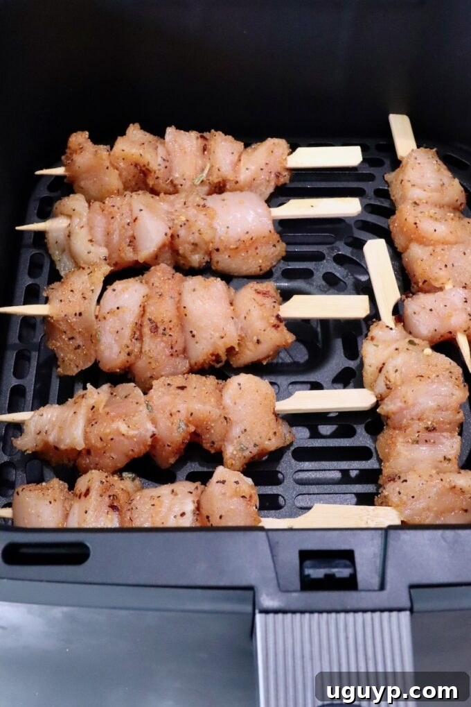 Raw chicken skewers seasoned with spices are carefully placed in an air fryer basket, prepped for cooking.