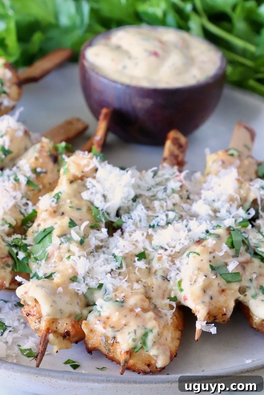 Air fried chicken skewers beautifully topped with creamy garlic parmesan sauce, fresh herbs, and grated cheese. A small bowl of extra dipping sauce is visible in the soft-focus background.