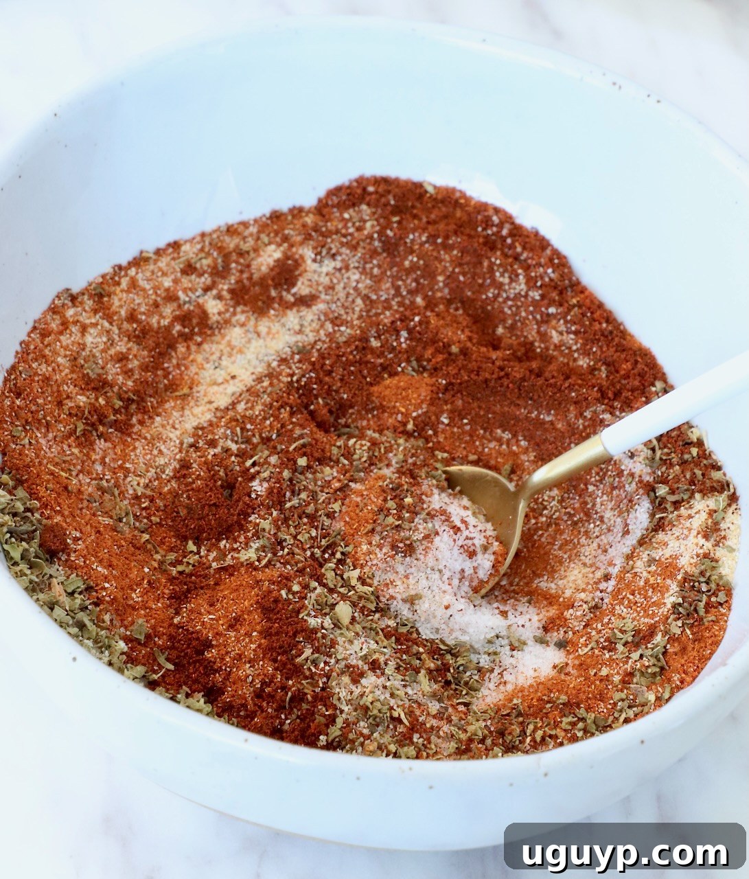 A white bowl filled with mixed spices including red paprika, herbs, and salt. A white-handled gold spoon rests in the mixture, highlighting the rich colors and textures of the seasoning blend.