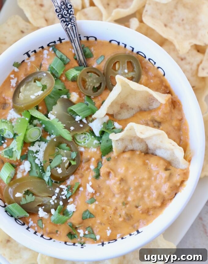 A vibrant bowl of chorizo queso dip, garnished with sliced jalapeños, served alongside crispy tortilla chips, showcasing a delicious application of homemade chorizo.