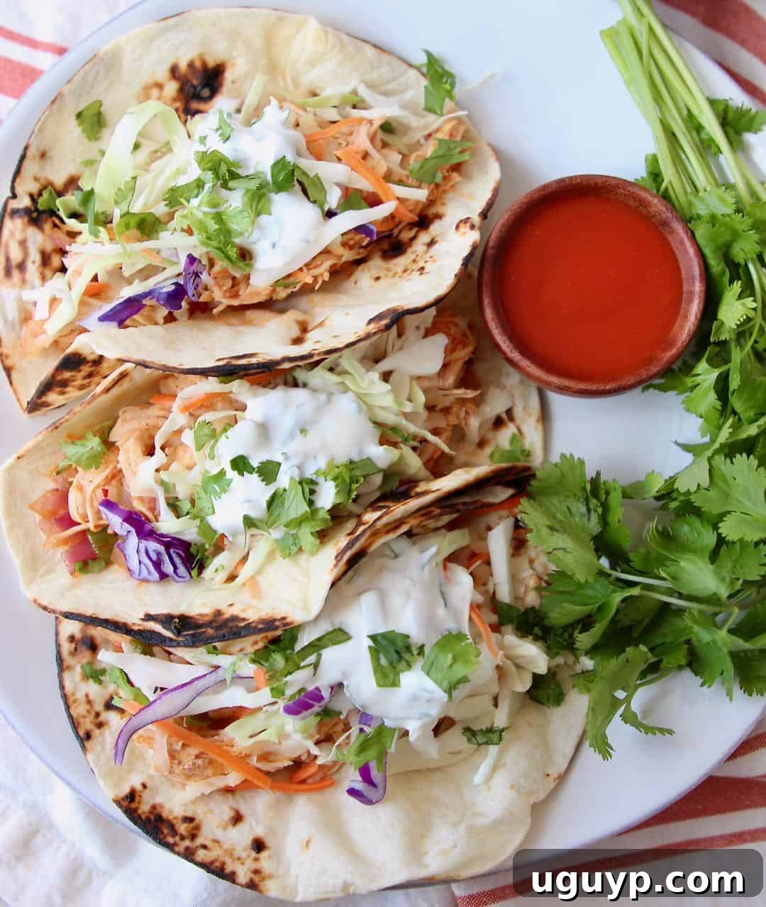 Three buffalo chicken tacos on white plate with side small bowl of buffalo sauce