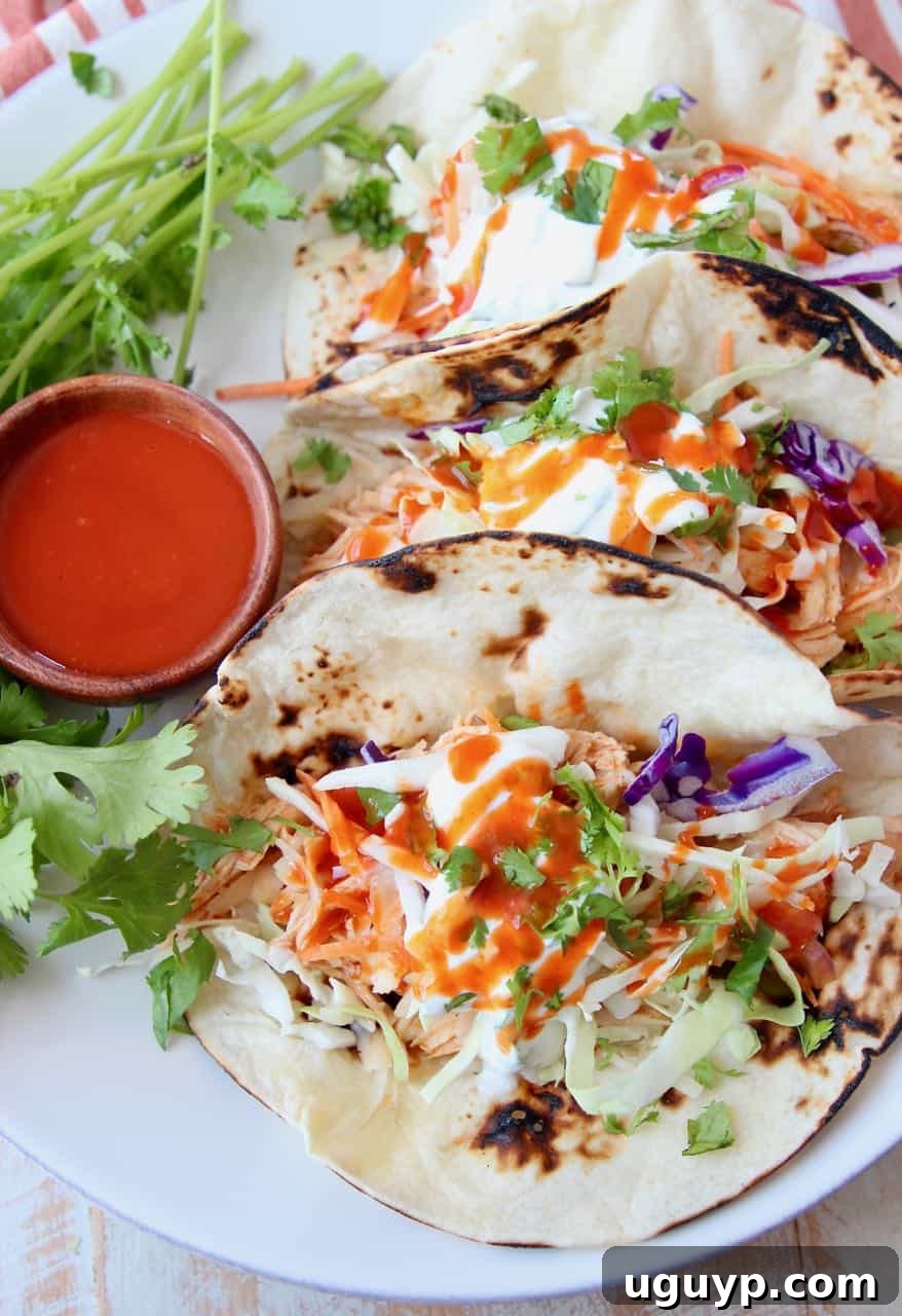 Buffalo chicken tacos on plate with side ramekin of buffalo sauce