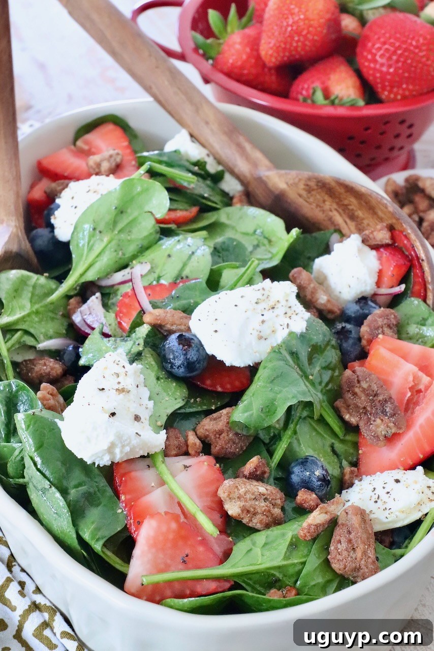 Close-up of a spinach strawberry salad being tossed in a large serving bowl, featuring fresh spinach, sliced strawberries, blueberries, and red onion coated in poppy seed dressing, topped with ricotta cheese and pecans.