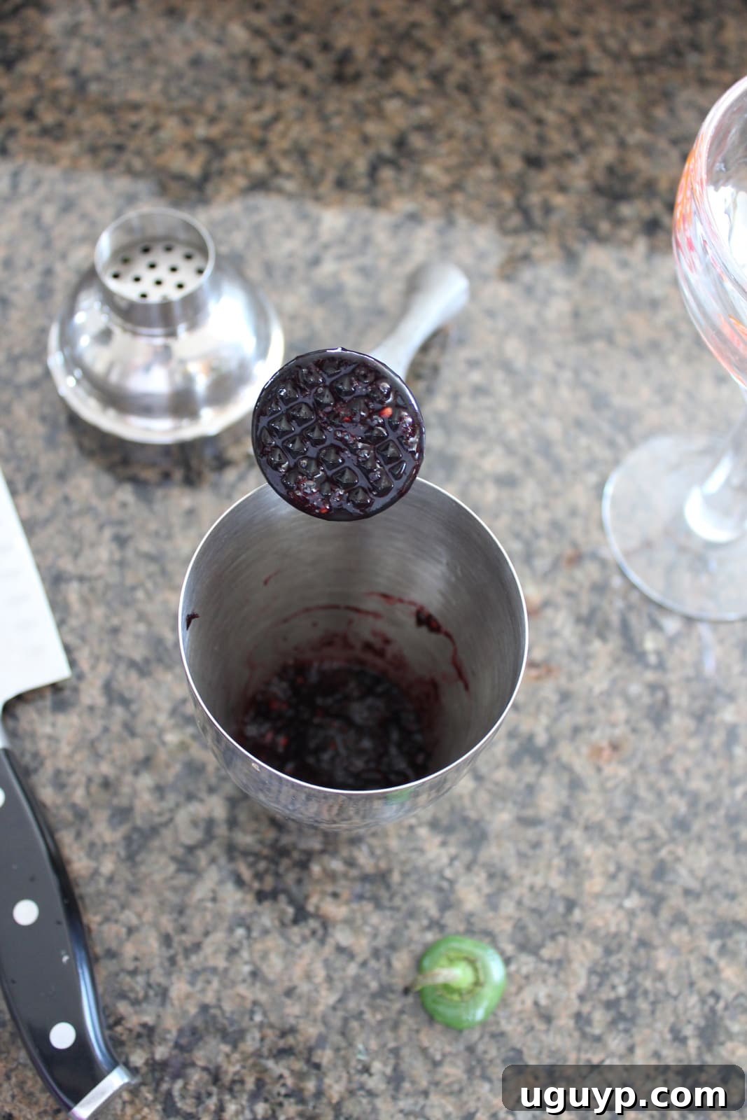 Muddled Jalapeño and Blackberries for Margarita