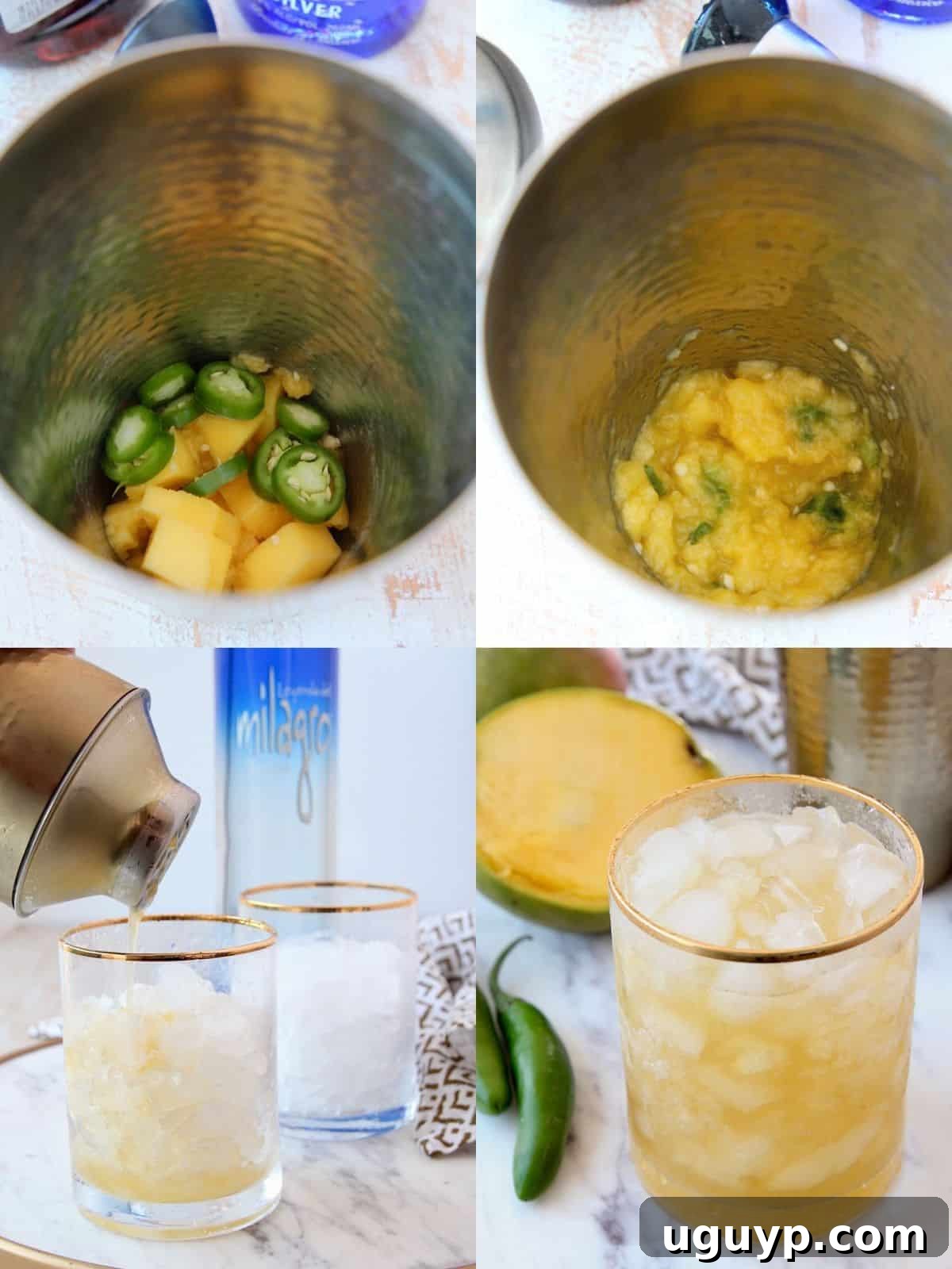 Step-by-step visual guide showing how to prepare a spicy mango margarita, from muddling ingredients to shaking and pouring.