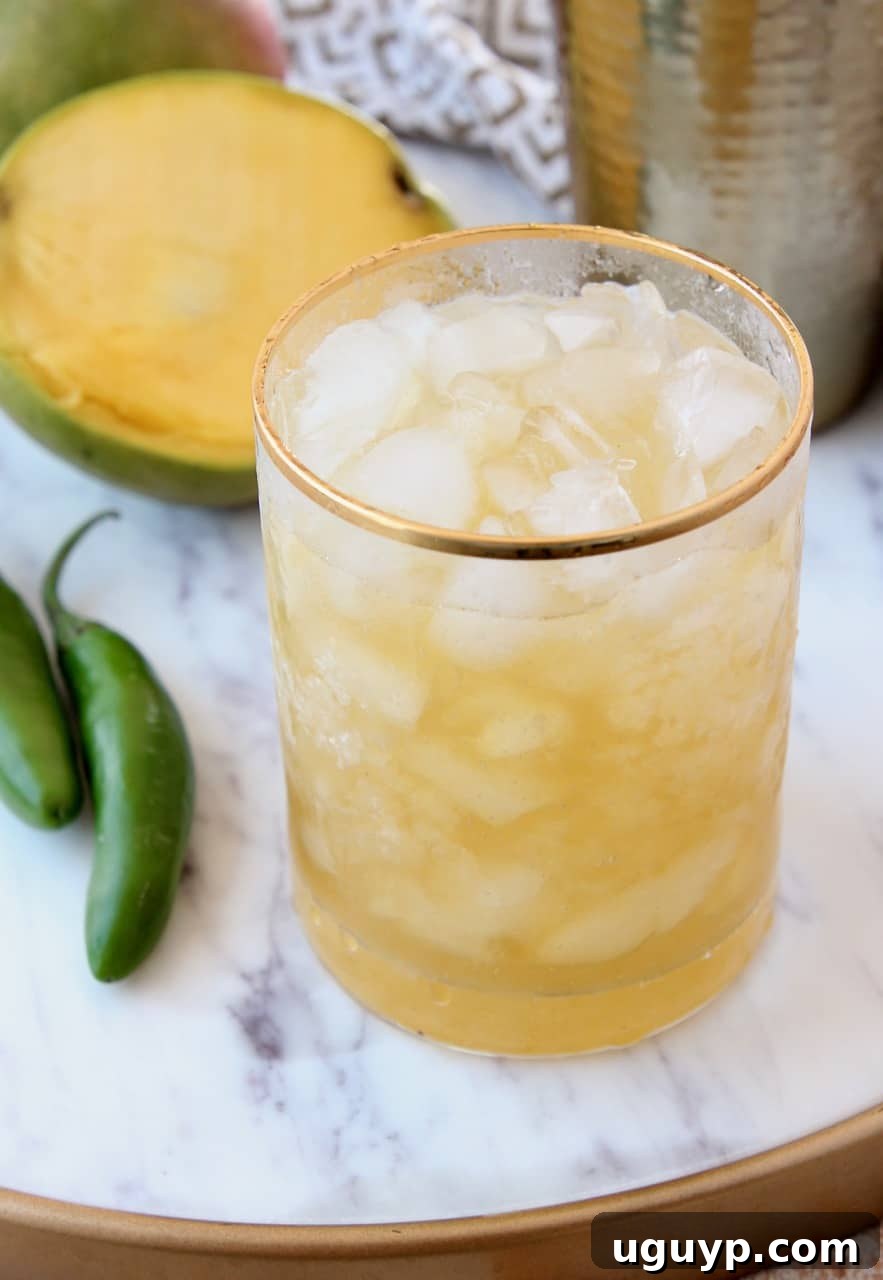 A vibrant Serrano Chili Mango Margarita in an elegant, gold-rimmed glass, garnished with a lime wheel and chili slice.