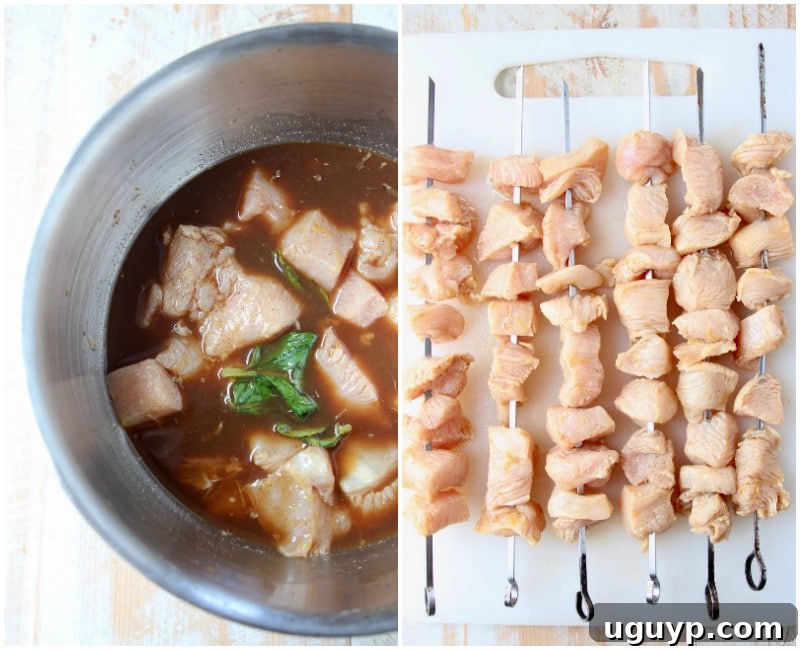 Collage of images of bourbon chicken skewer preparation, from marinating to grilling