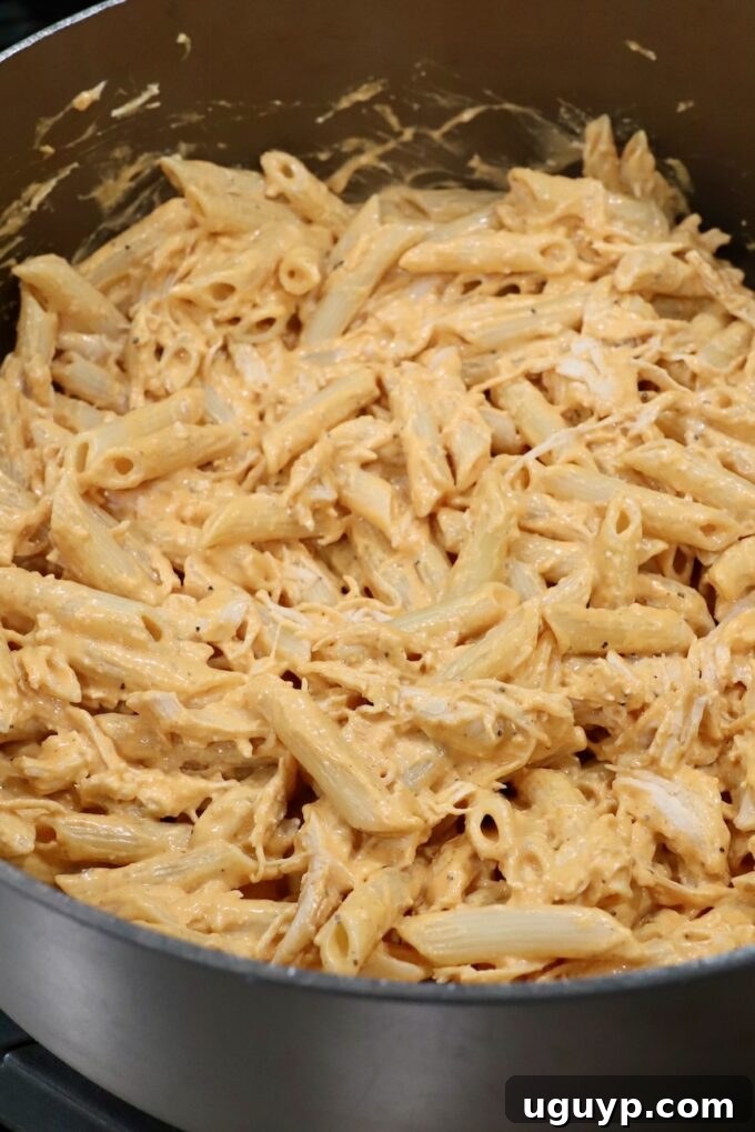 The fully cooked penne pasta mixed into the creamy buffalo chicken sauce in the pot, ensuring every piece is coated.