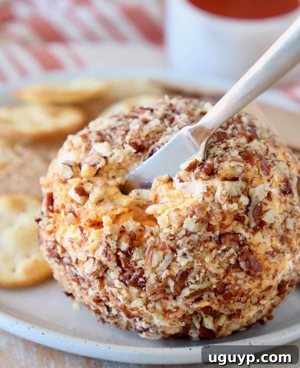 A creamy Buffalo Cheddar Cream Cheese Ball with a cheese knife, ready to be served.