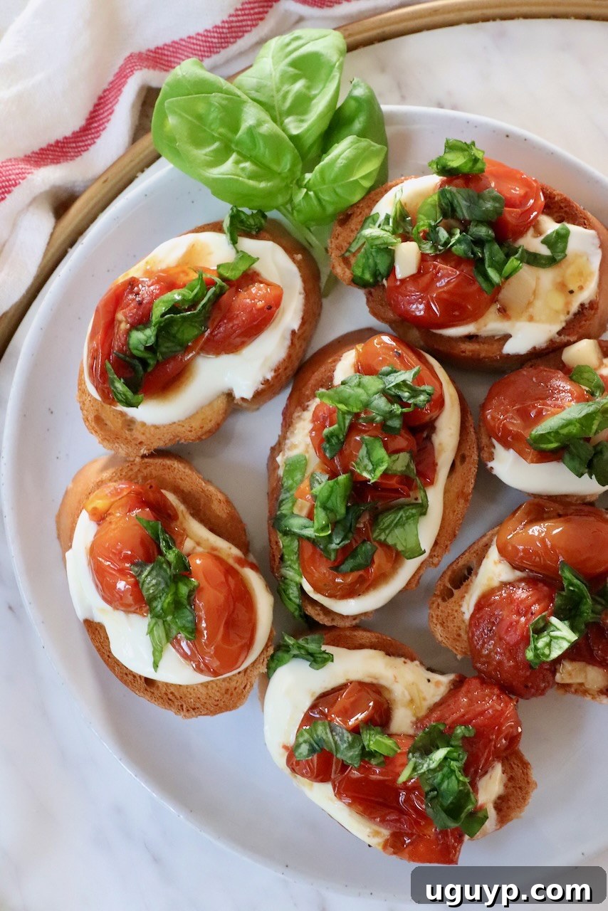 whipped ricotta and roasted tomato bruschetta on a plate with fresh basil leaves