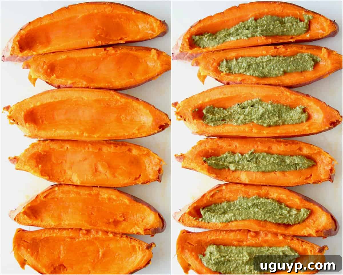 Collage of images showing how to make sweet potato skins with pesto
