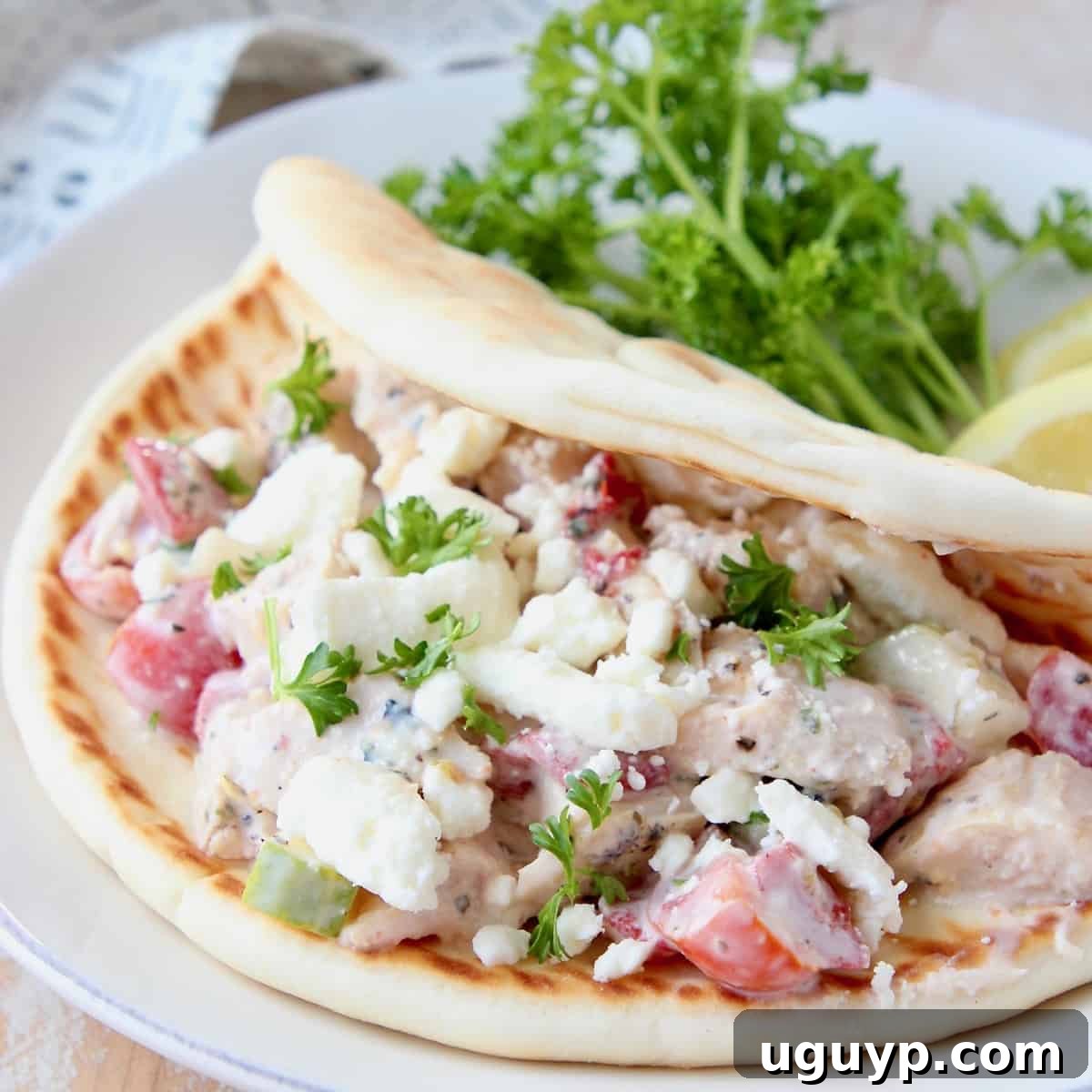 Greek Chicken Salad in pita bread on a plate with parsley garnish
