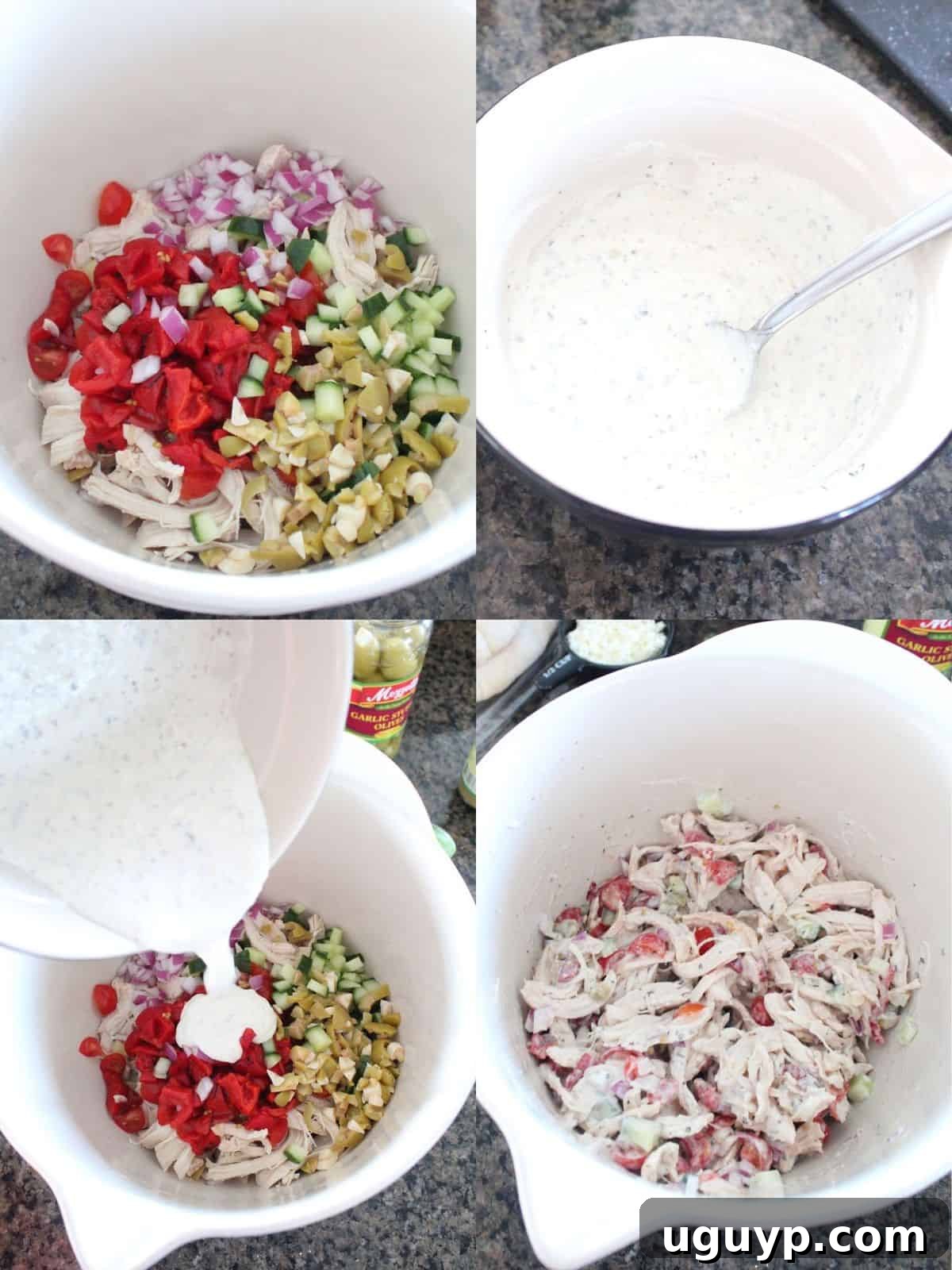 A collage of images illustrating the steps to make Greek Chicken Salad