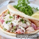 Greek Chicken Salad in pita bread on plate