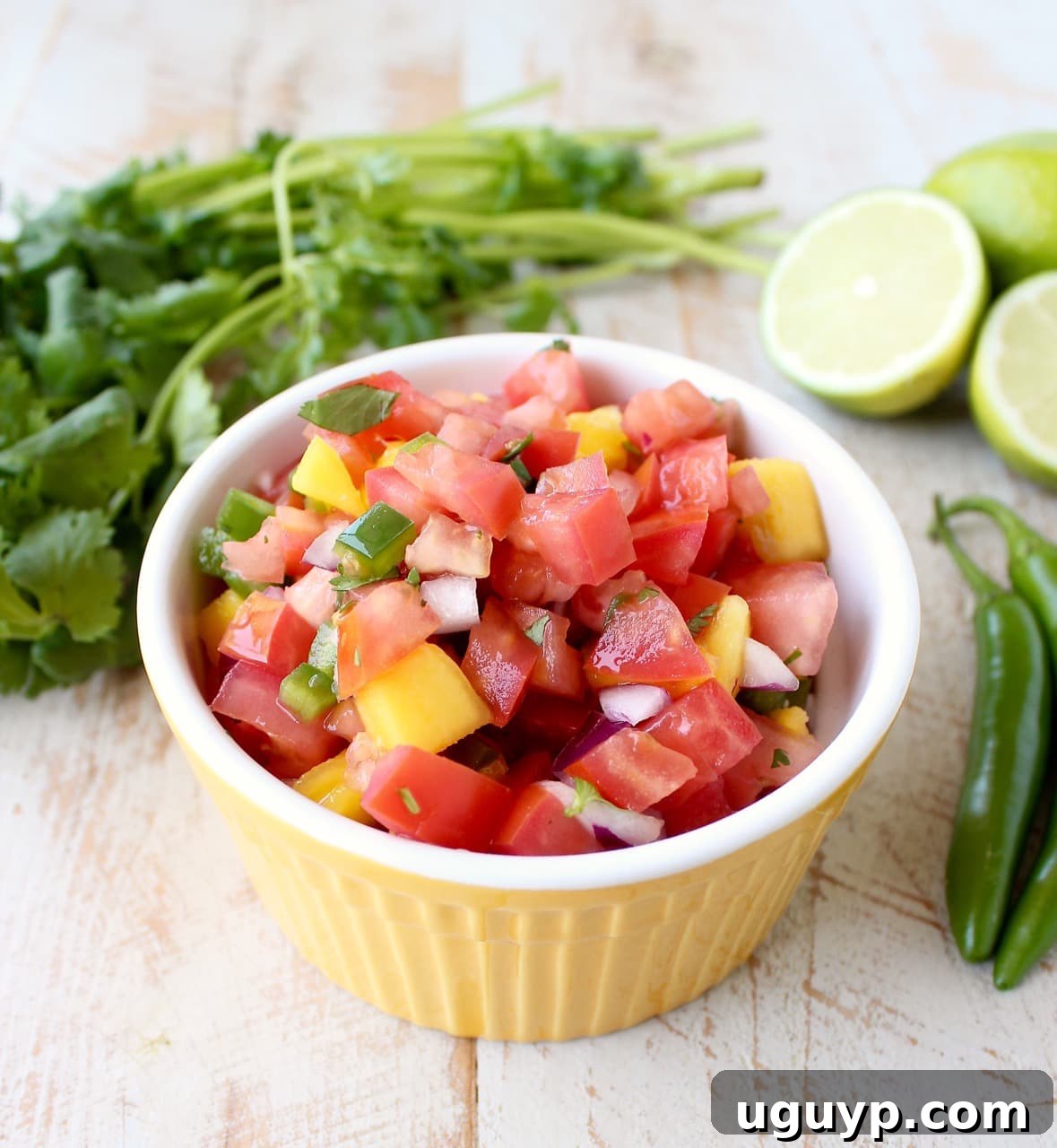 A close-up of a rustic, yellow ceramic bowl overflowing with freshly made mango salsa, highlighting the vibrant colors and fresh ingredients of tomatoes, jalapeños, mango, and onion.