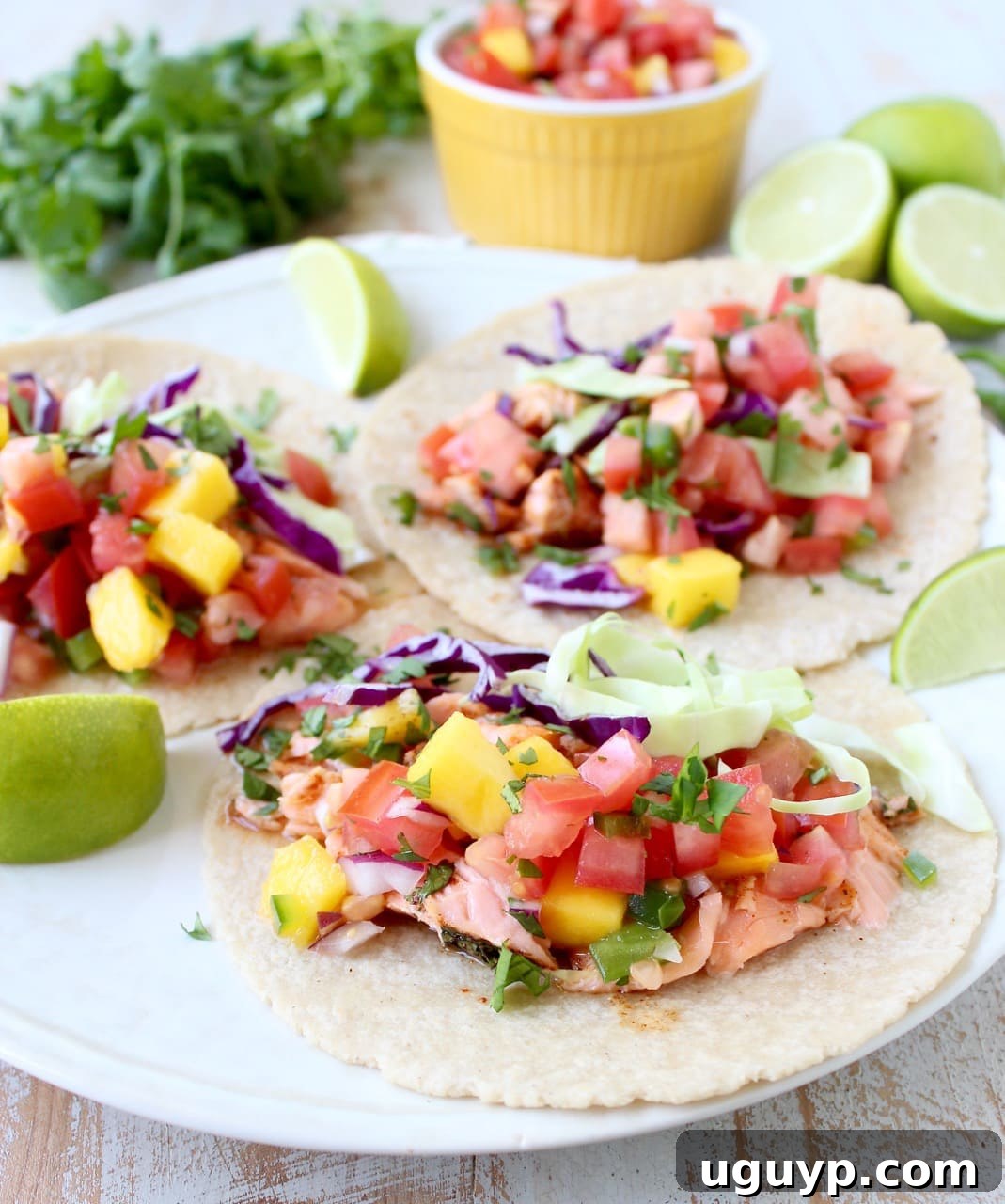 Three beautifully assembled salmon tacos on a plate, garnished with mango salsa and shredded cabbage