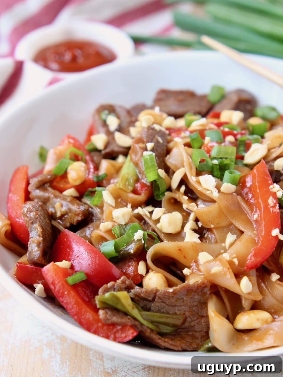A delicious bowl of Kung Pao Beef with rice noodles, red bell peppers, peanuts, and green onions, ready to be enjoyed.
