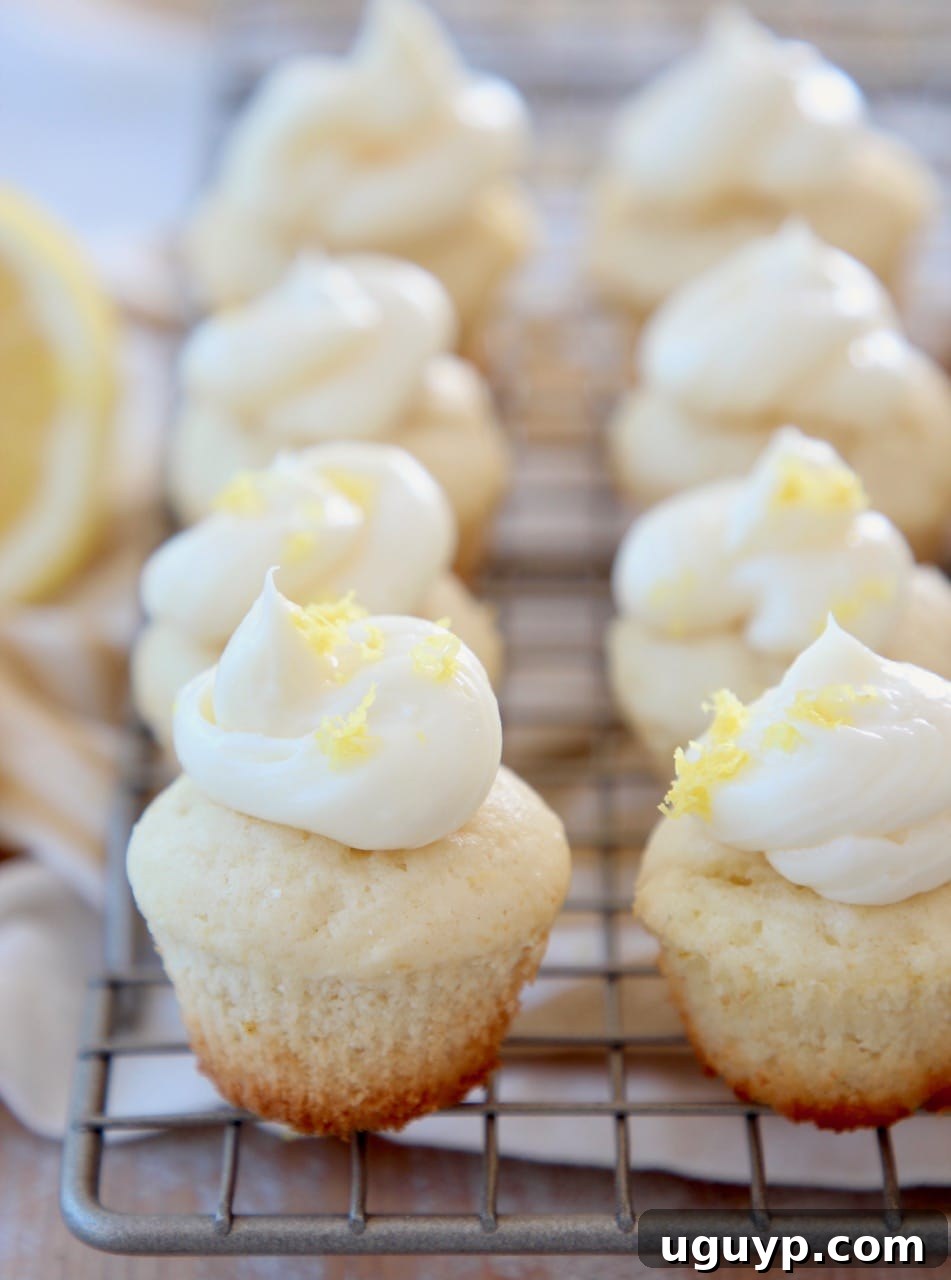 Mini lemon cupcakes topped with lemon buttercream frosting arranged on a metal cooling rack