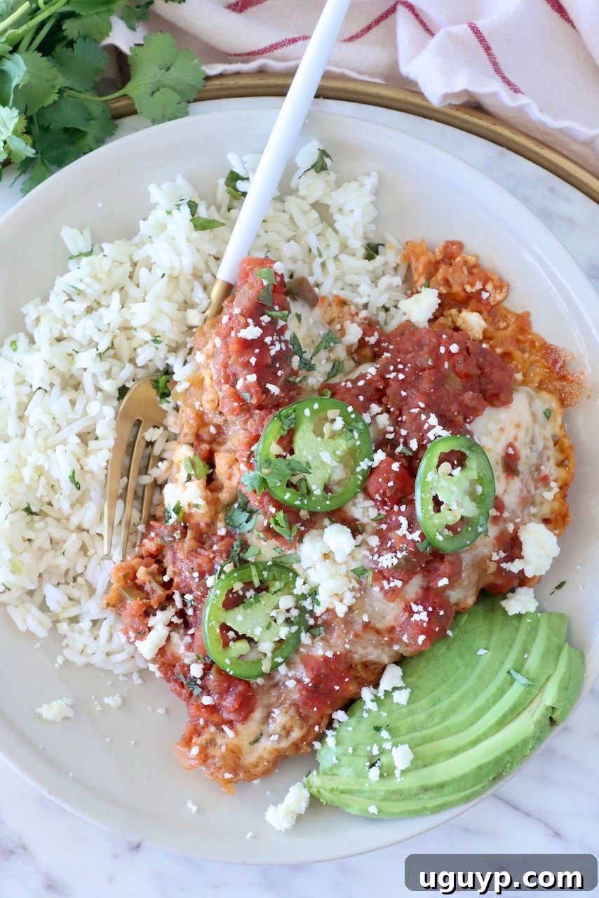 A plate of Mexican chicken parmesan topped with salsa, jalapeño slices, and cheese, served with cilantro rice and avocado slices on the side.