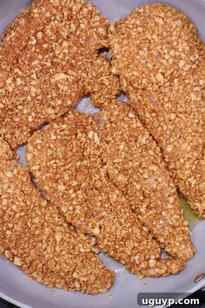 Four golden-brown, tortilla chip crumb-coated chicken breasts sizzle in a skillet.