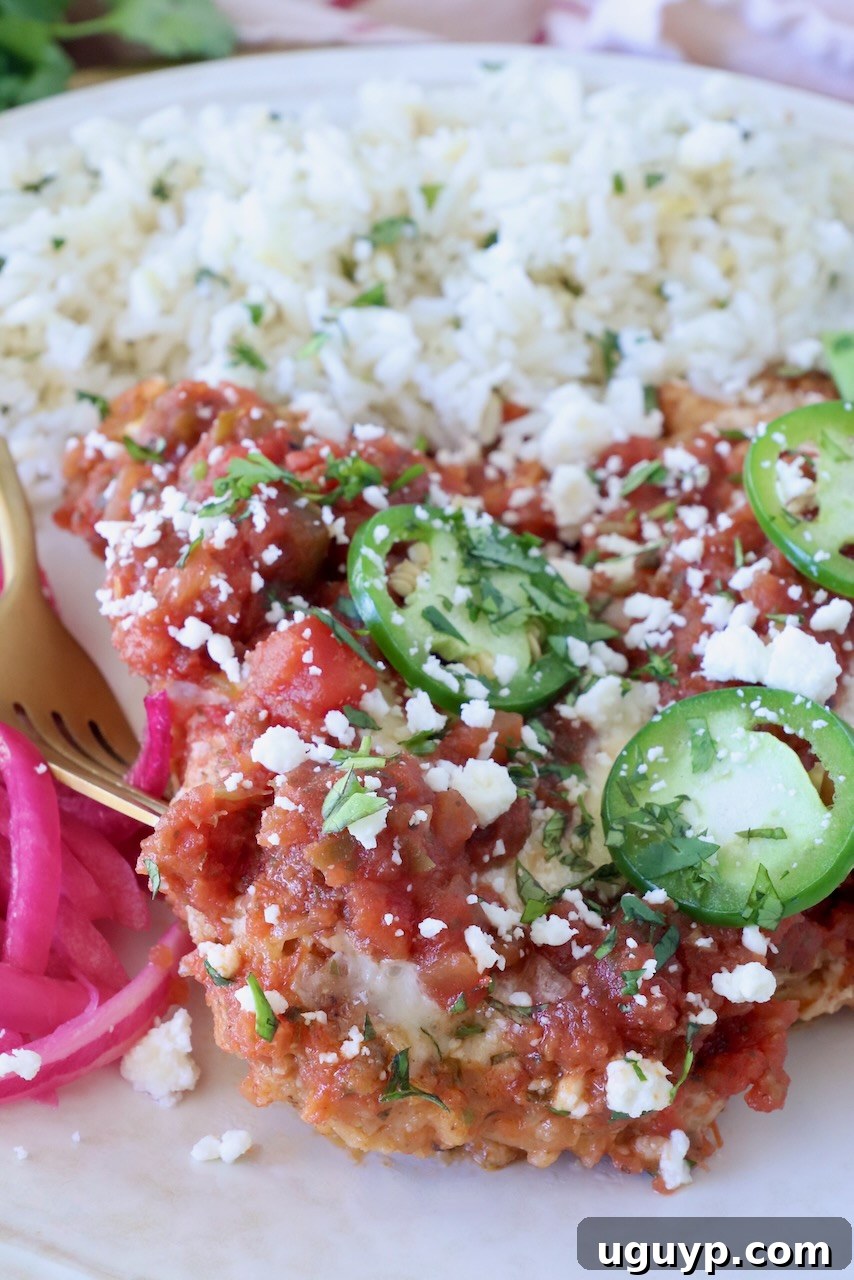 A plate with rice and Mexican chicken parmesan, topped with sliced jalapeños and crumbled cheese, garnished with cilantro and a side of pickled onions 