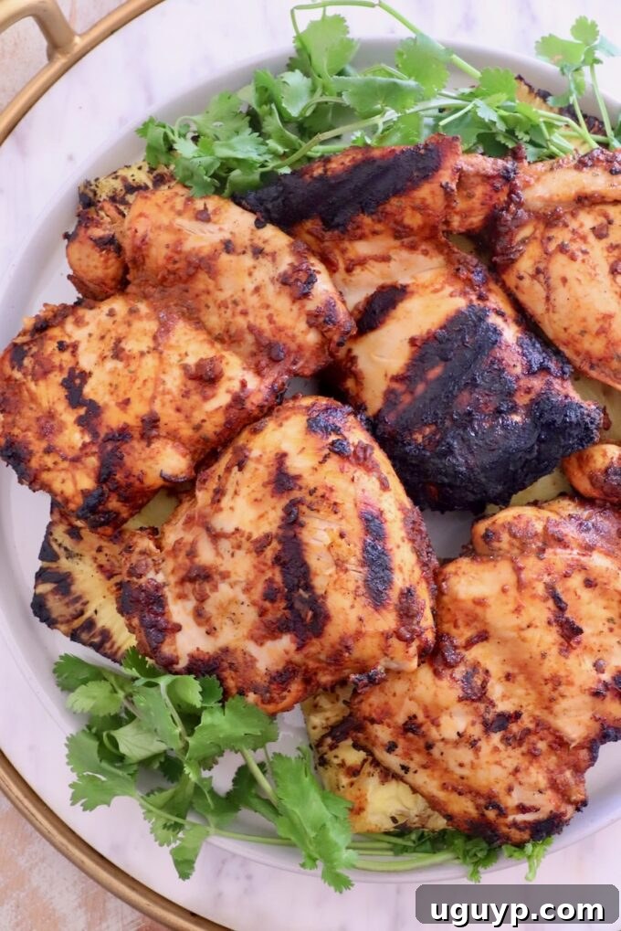 Perfectly grilled chicken thighs with a smoky char and golden-brown crust, arranged on a white plate and garnished with fresh cilantro on the side, demonstrating a delicious application of Al Pastor seasoning.