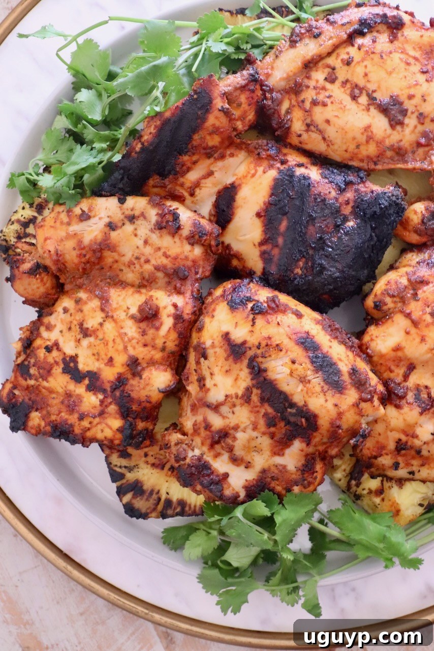 Grilled chicken thighs with charred marks on a white plate, garnished with fresh cilantro.