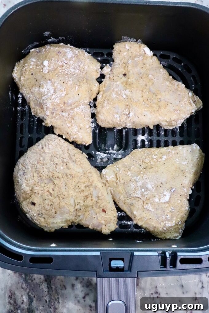 breaded chicken in an air fryer basket