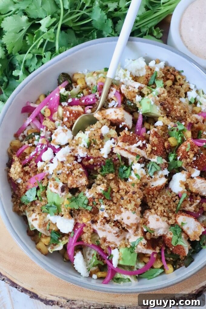 A vibrant Mexican street corn chicken bowl featuring fluffy quinoa, grilled chicken, fresh avocado, sweet corn, tangy pickled onions, and crumbled cheese, garnished with fresh cilantro.
