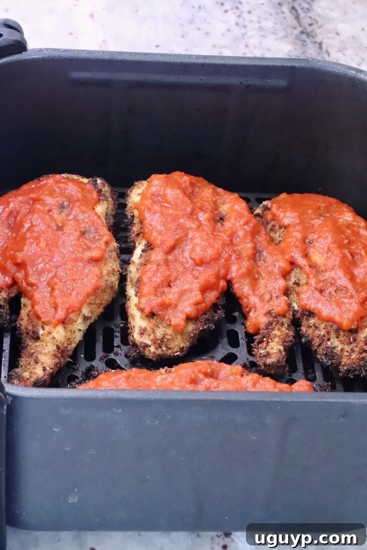 Crispy chicken breasts generously topped with marinara sauce inside the air fryer basket, ready for cheese.
