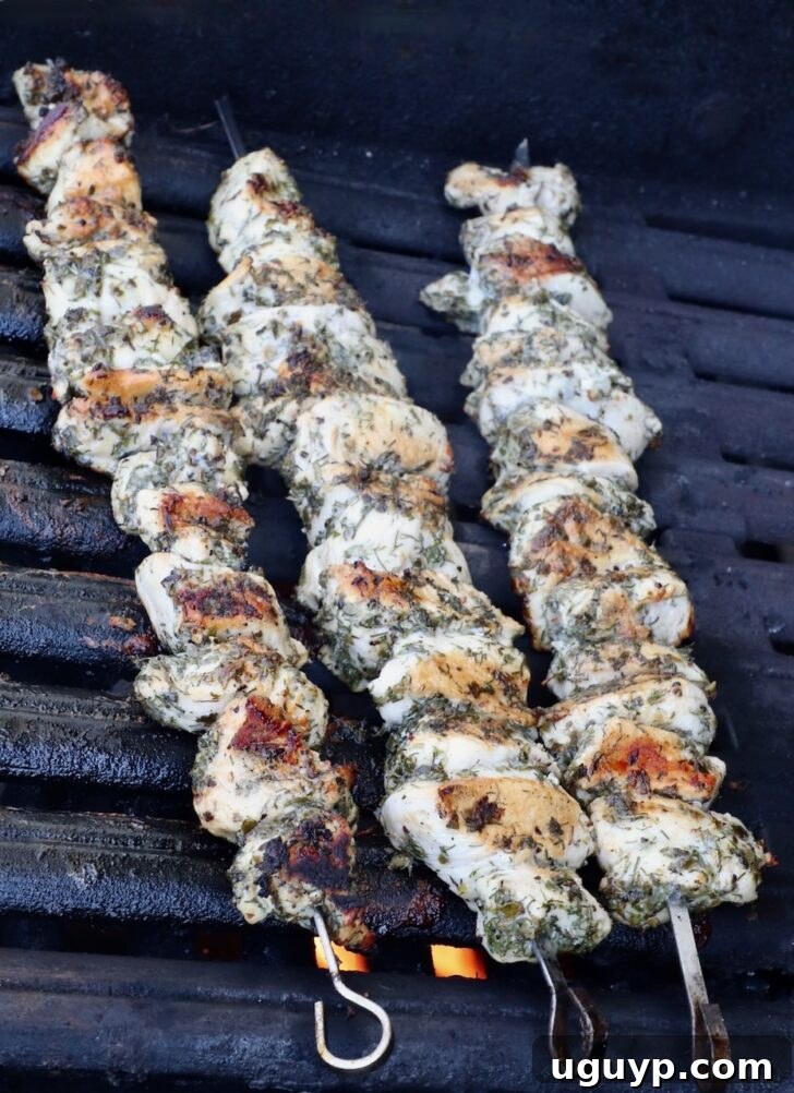grilled chicken breast skewers on a grill