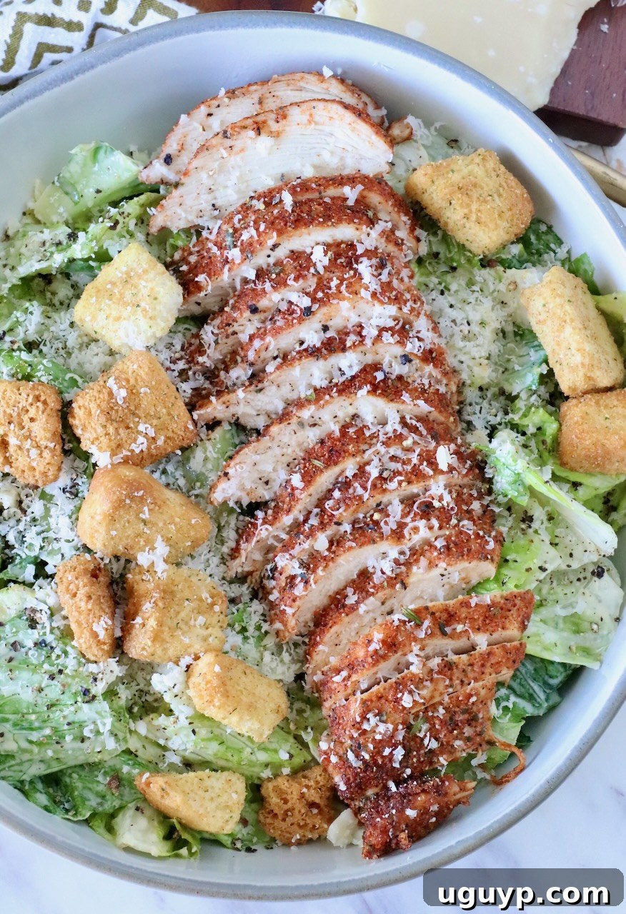 blackened chicken sliced on top of a caesar salad in a bowl with croutons