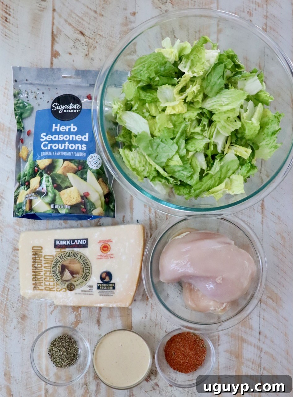 ingredients on a white wood board include a bowl of chopped romaine lettuce, a bag of croutons, parmesan cheese, raw chicken breasts, creamy dressing, and spices