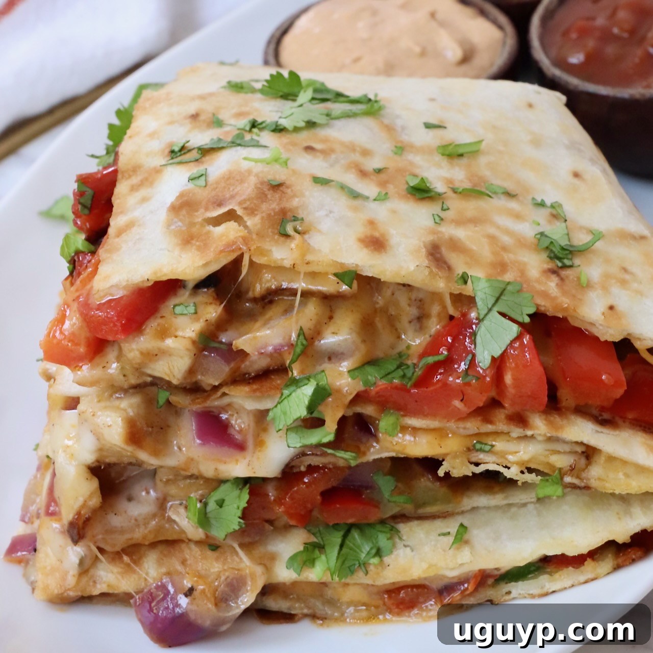 sliced quesadilla stacked up on a plate