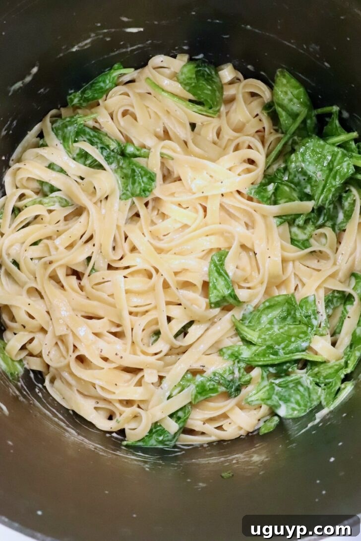 Creamy Chicken Caesar Pasta Recipe for Quick Weeknight Meals 11 pasta noodles in a large pot tossed with a creamy sauce and spinach