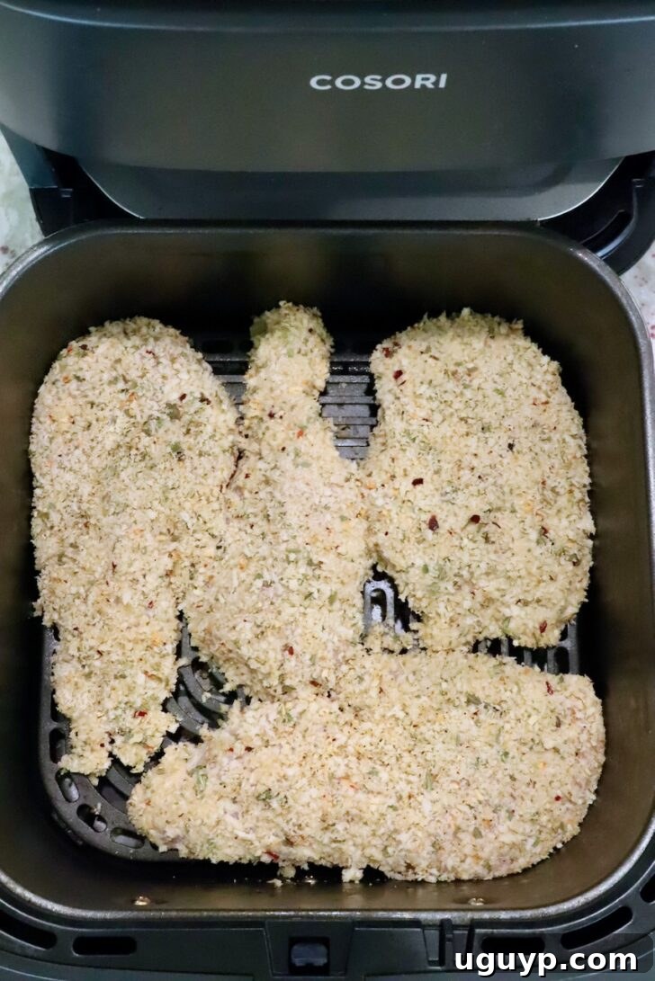 Creamy Chicken Caesar Pasta Recipe for Quick Weeknight Meals 8 breaded chicken breasts in an air fryer basket