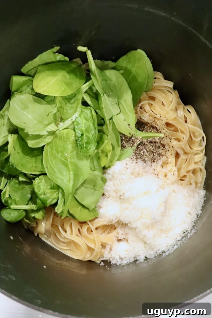 Creamy Chicken Caesar Pasta Recipe for Quick Weeknight Meals 10 spinach, noodles, parmesan cheese, and black pepper in a large pot